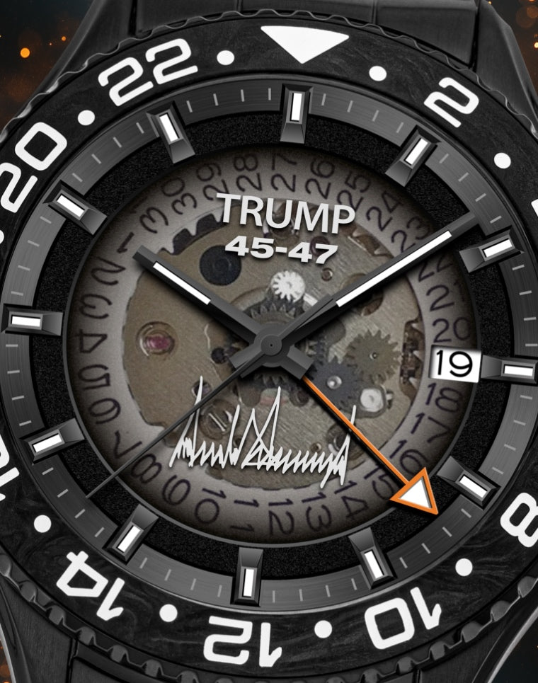 Black luxury watch face with Trump branding, 45-47 text, date window, and visible gear mechanism.