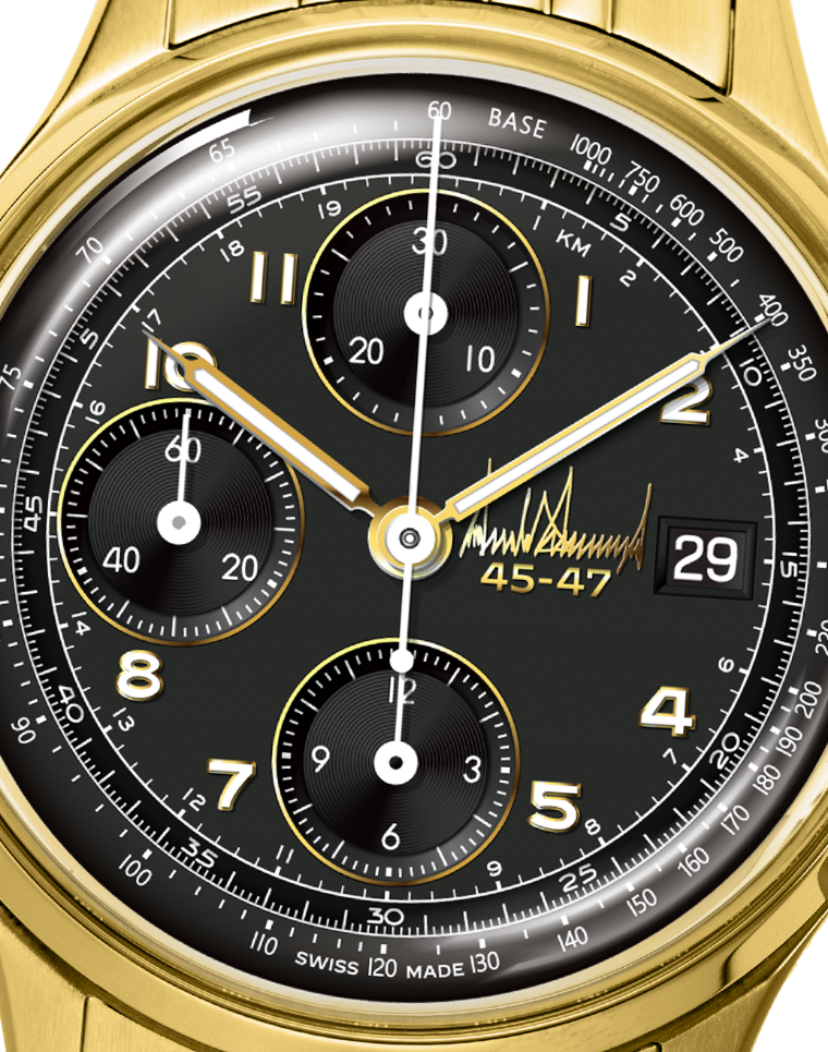 Gold chronograph wristwatch with black dial, subdials, date window, and tachymeter scale