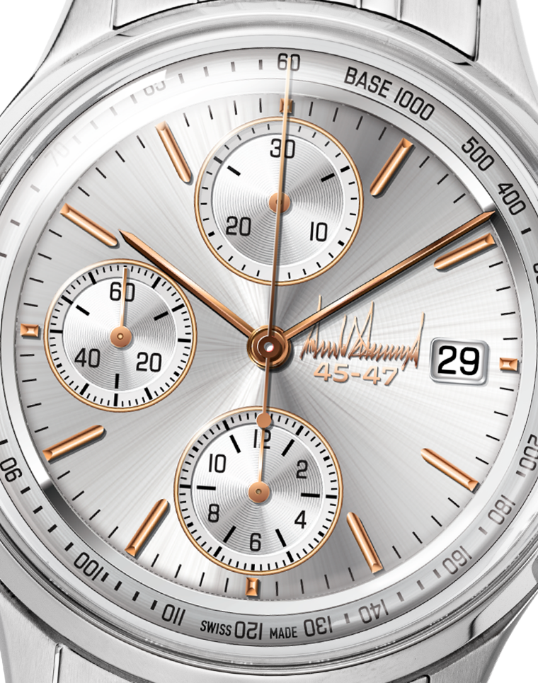 Silver chronograph watch with rose gold accents, subdials, and date display on white dial.
