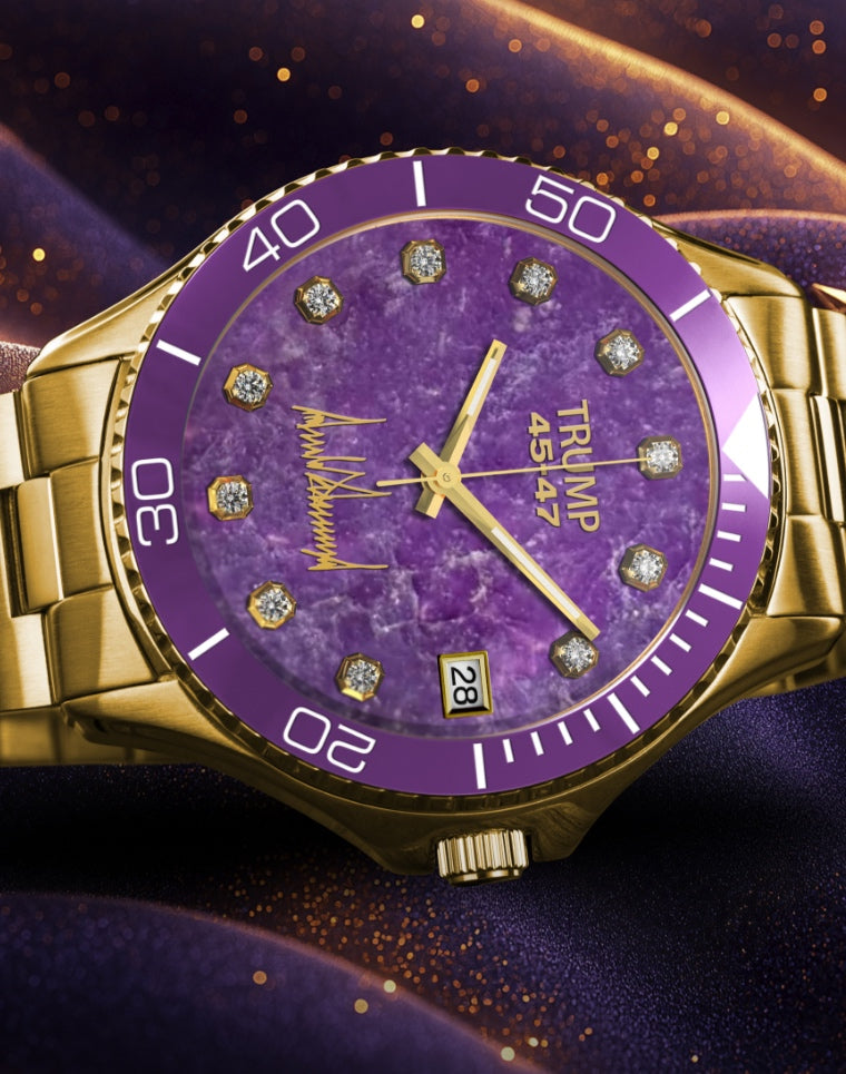 Gold wristwatch with purple dial, diamond markers, and "TRUMP 45-47" text on face.