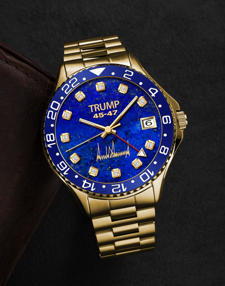Gold wristwatch with blue face, diamond hour markers, and "Trump 45-47" printed on dial.