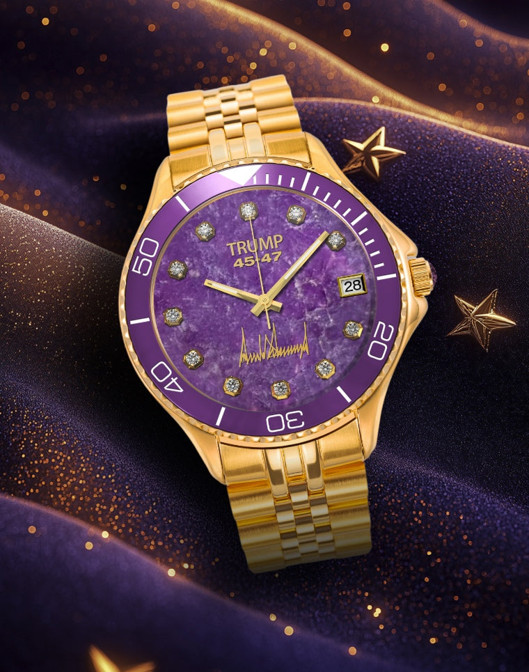 Gold Trump watch with purple dial, diamond markers, and date display on starry velvet background.