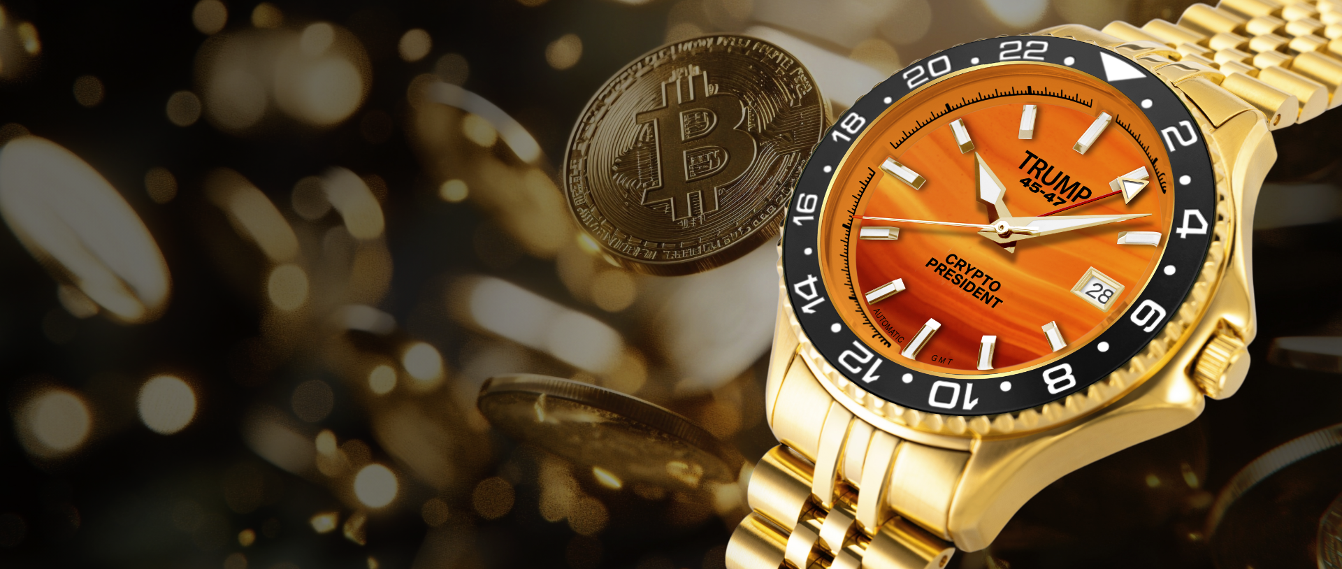 Gold Trump Crypto President watch with orange dial and black bezel, floating bitcoin coins background.