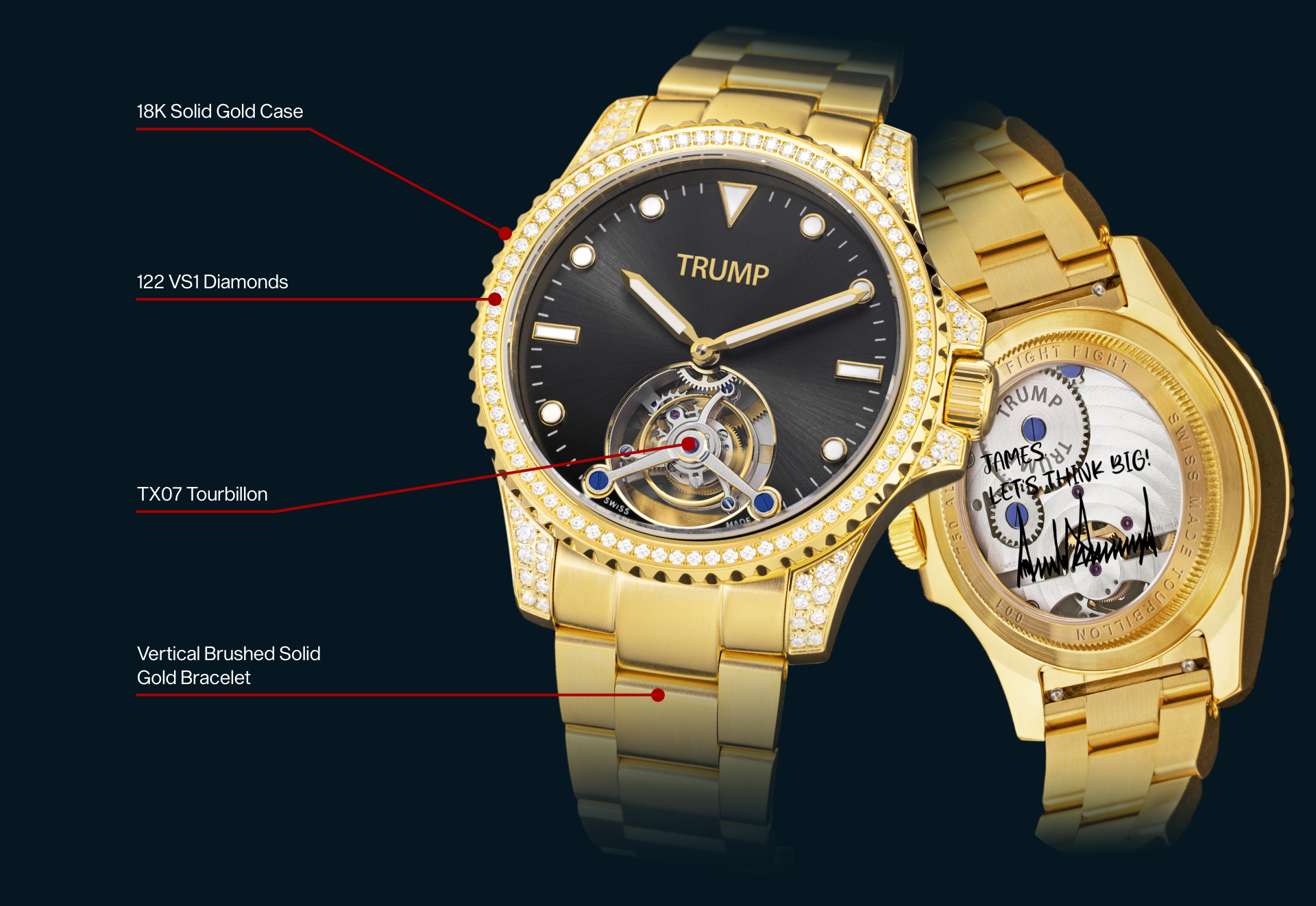 Gold Trump watch with 18K case, 122 VS1 diamonds, TX07 tourbillon, and brushed gold bracelet.