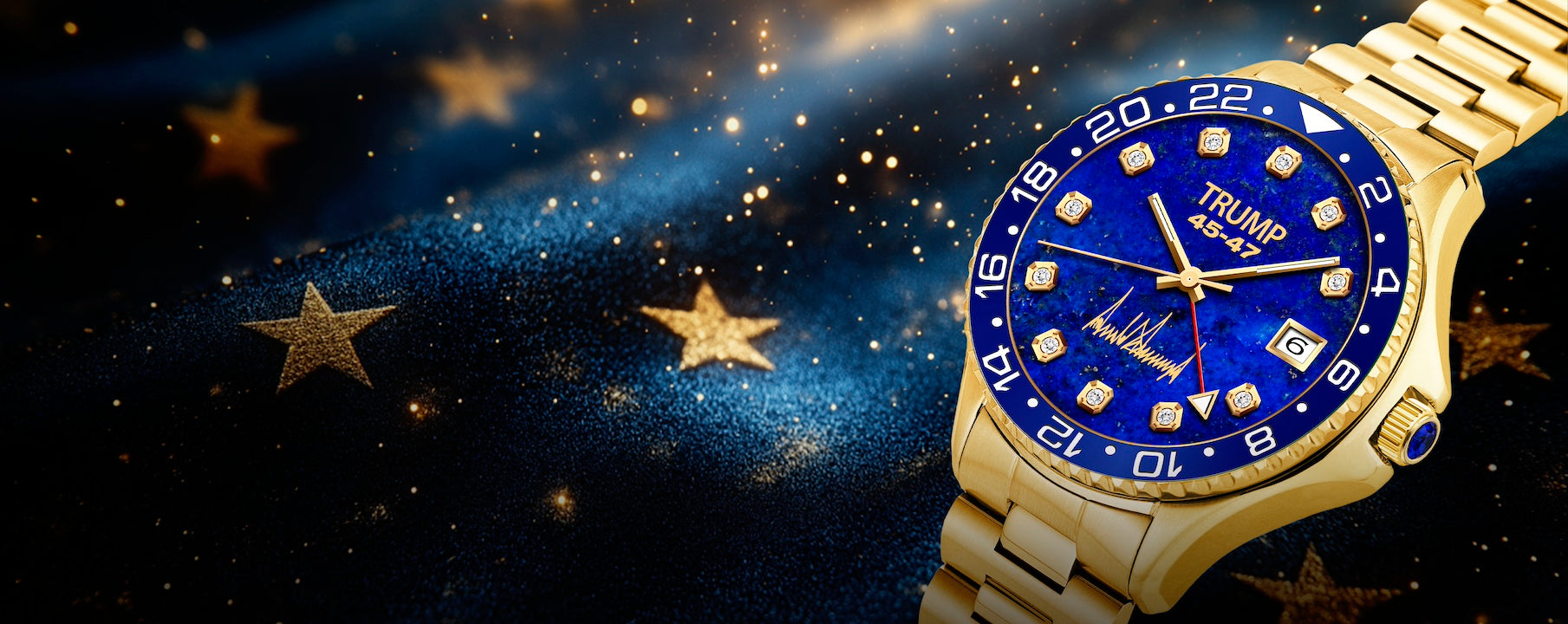 Gold luxury watch with blue dial, diamond markers, “TRUMP 45-47” text, and starry background.