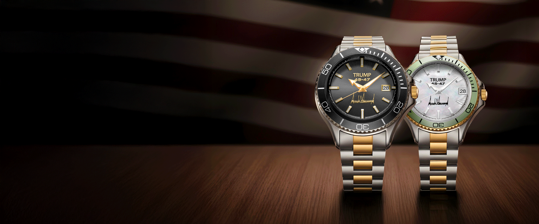 Two-tone Trump 45-47 wristwatches with black and white dials on a wood surface, flag backdrop.