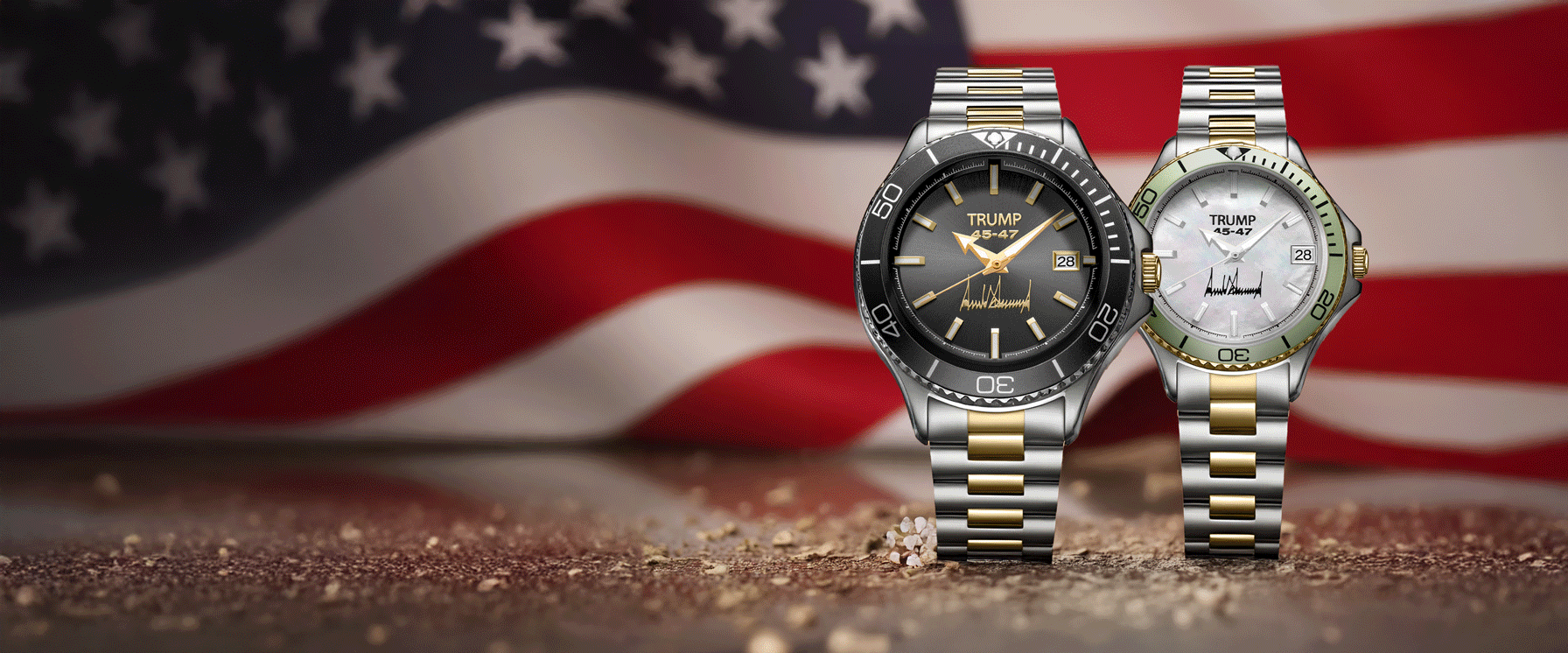 Two-tone Trump 45-47 wristwatches with signature, set against a blurred American flag backdrop.