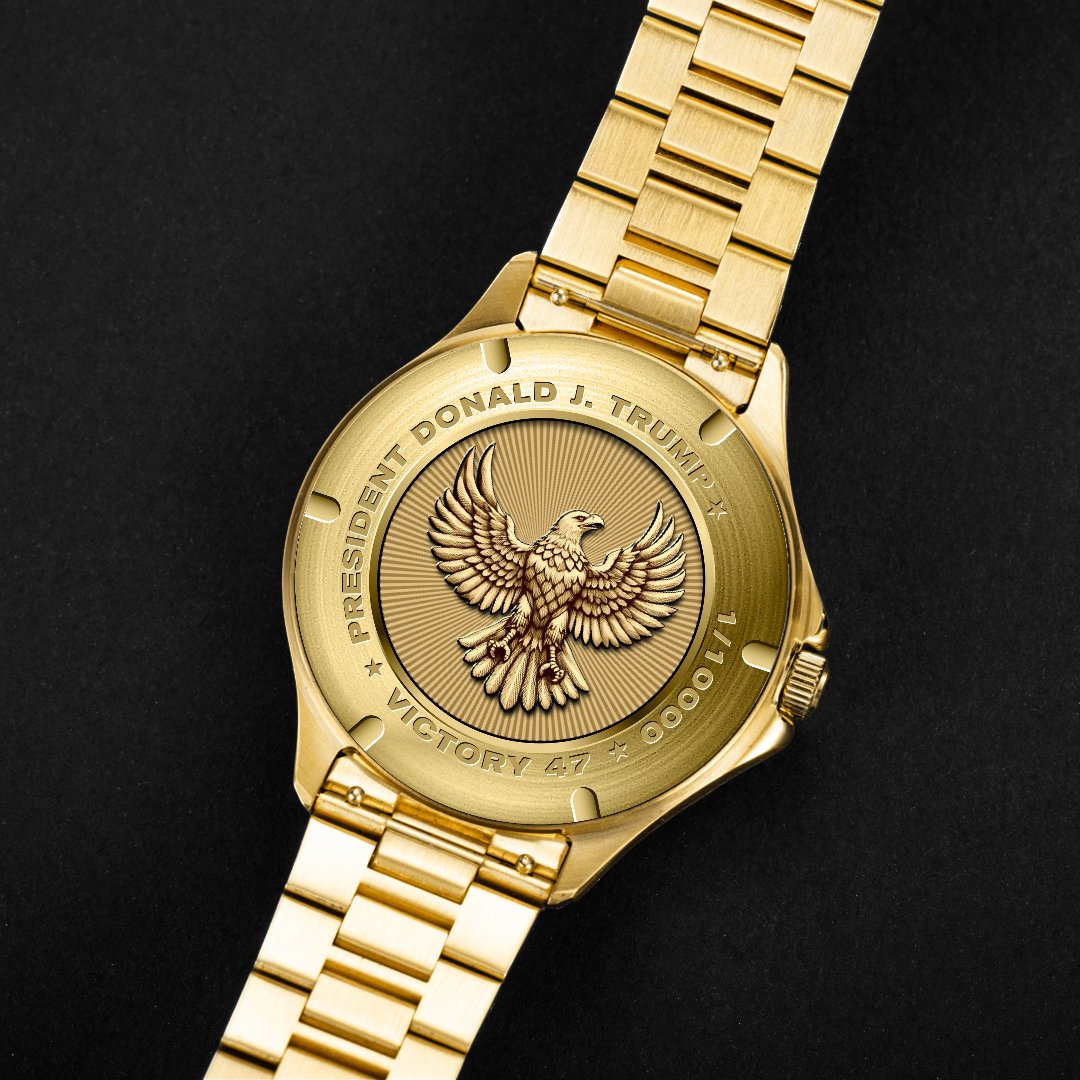 Gold wristwatch back engraved with eagle, "President Donald J. Trump" and "Victory 47" text.