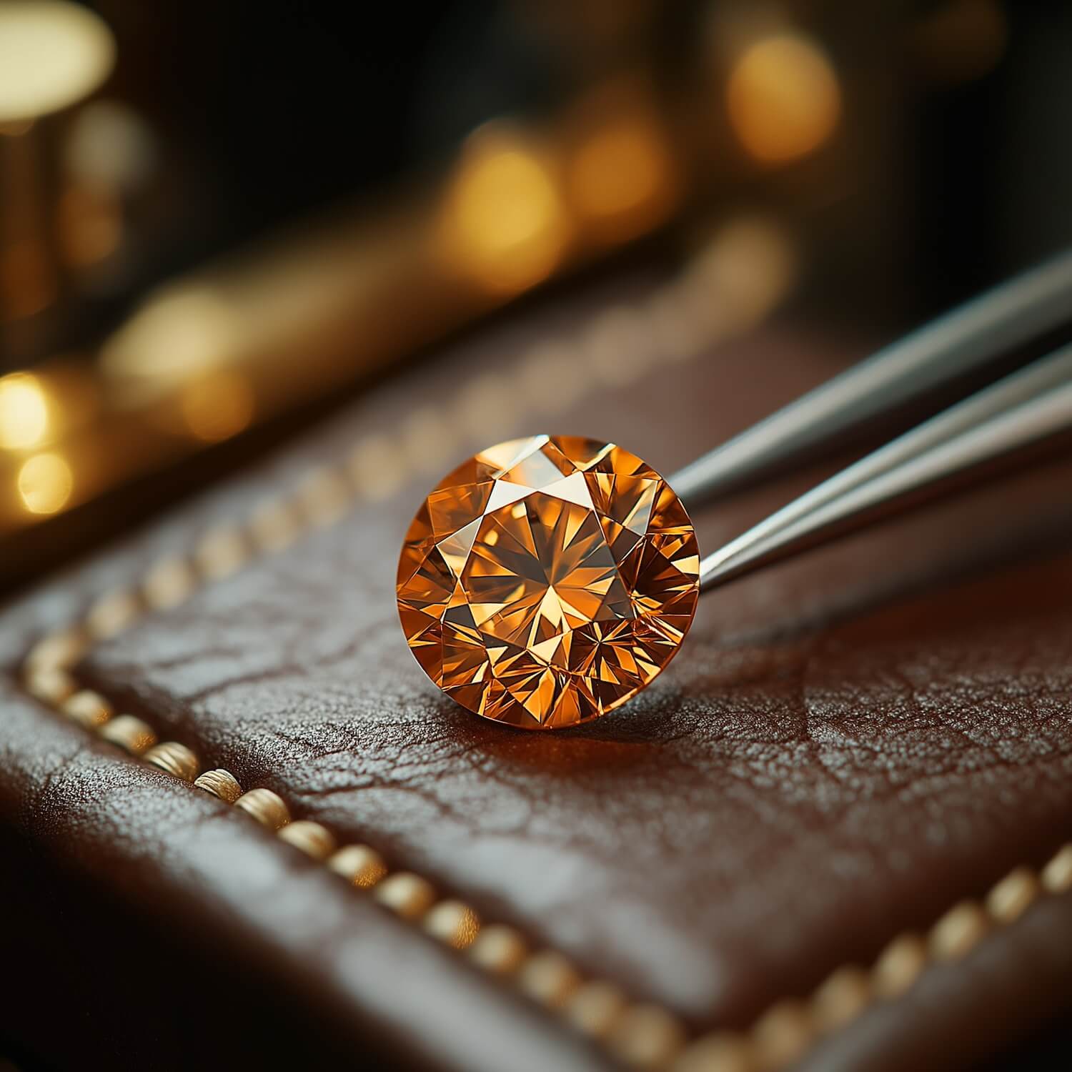 Round-cut orange gemstone held by tweezers on brown leather with gold stud detailing.