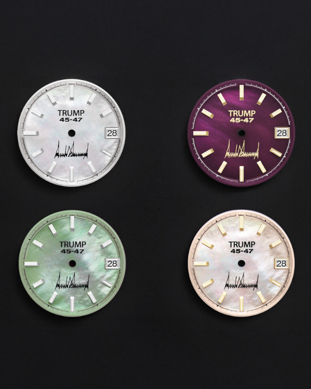 Four luxury watch dials labeled "TRUMP 45-47" in white, purple, green, and rose gold.