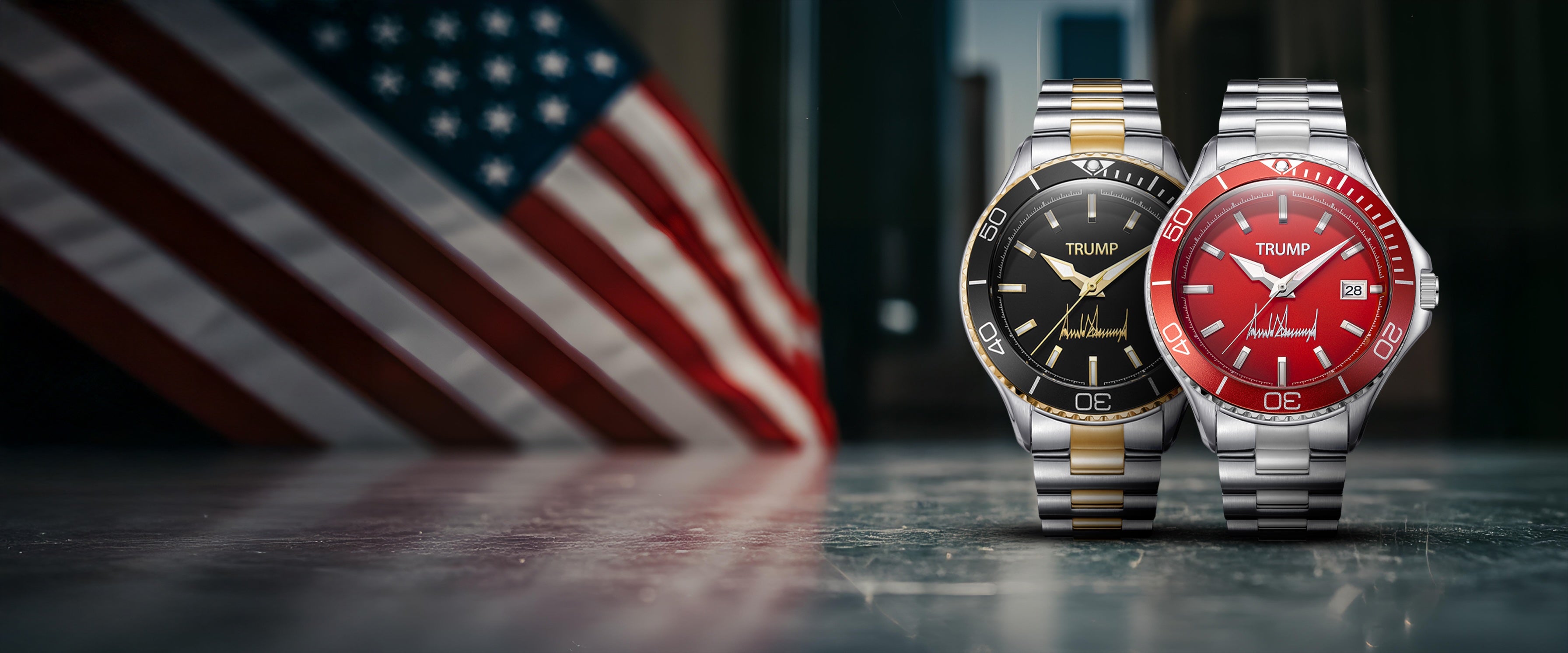 Two Trump-branded wristwatches, one black-gold and one red-silver, with blurred US flag background.