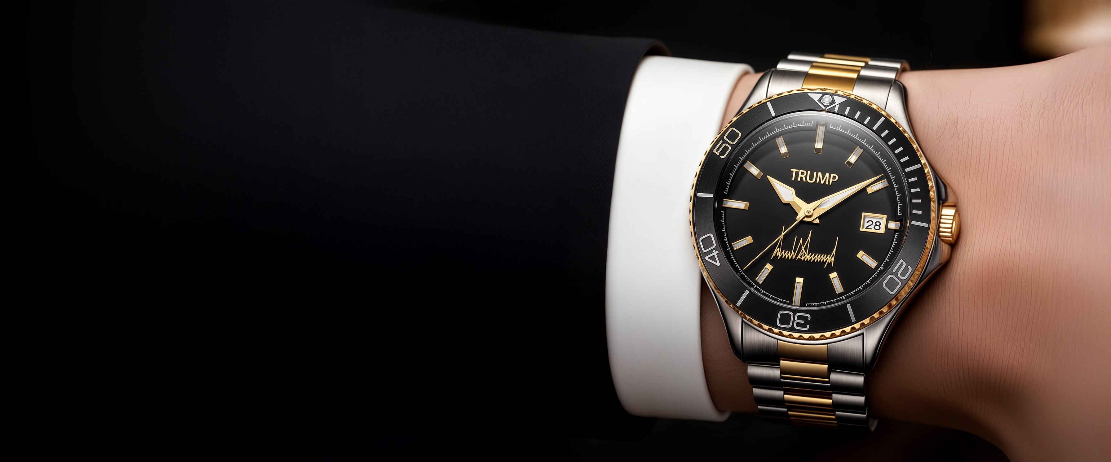 Two-tone Trump wristwatch with black dial, gold accents, and date display on man's wrist.