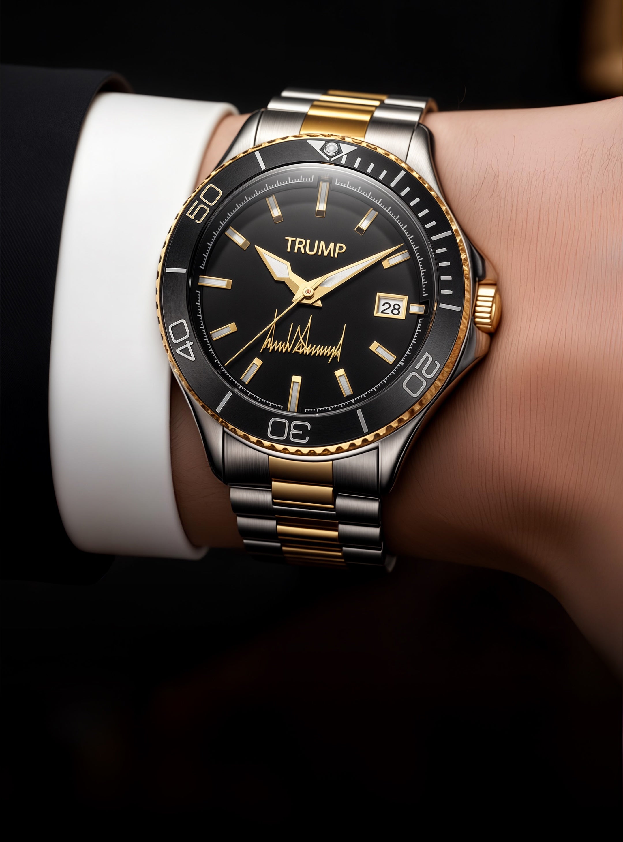 Luxury Trump wristwatch with black dial, gold accents, date display, and two-tone metal band.
