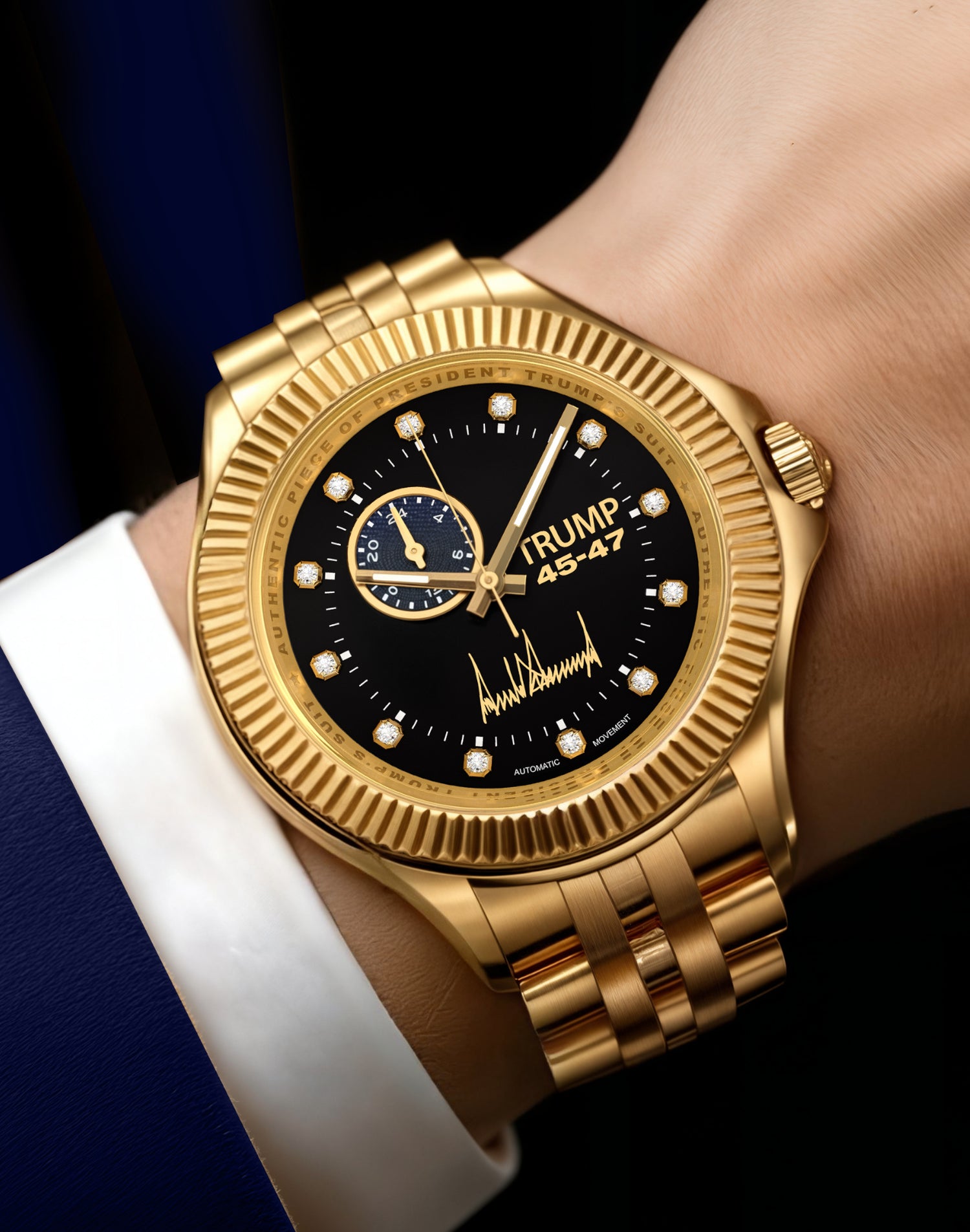Gold wristwatch with black dial, diamond hour markers, and "TRUMP 45–47" branding on wrist.