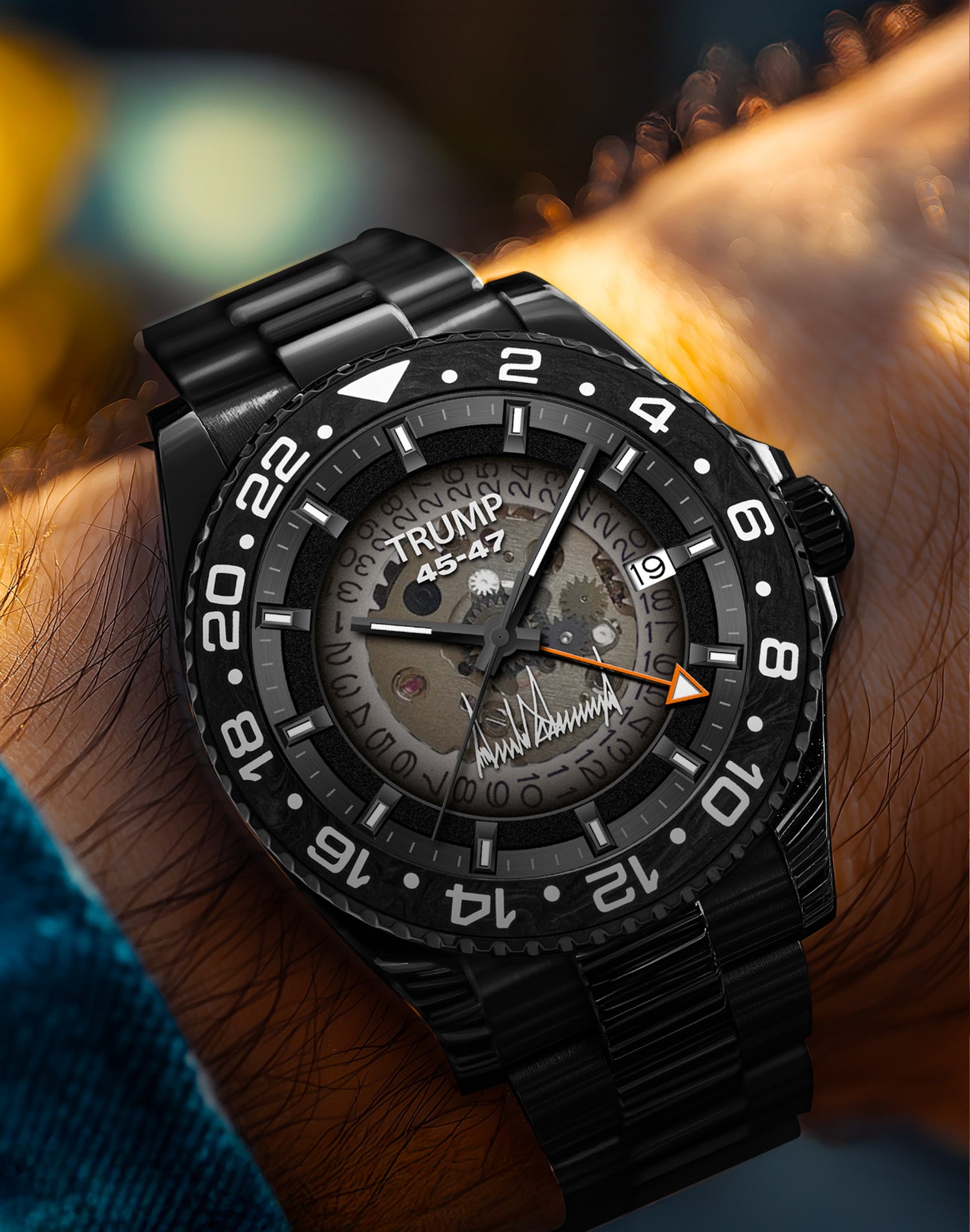Black luxury wristwatch with visible gears, "TRUMP 45-47" dial text, and orange GMT hand.