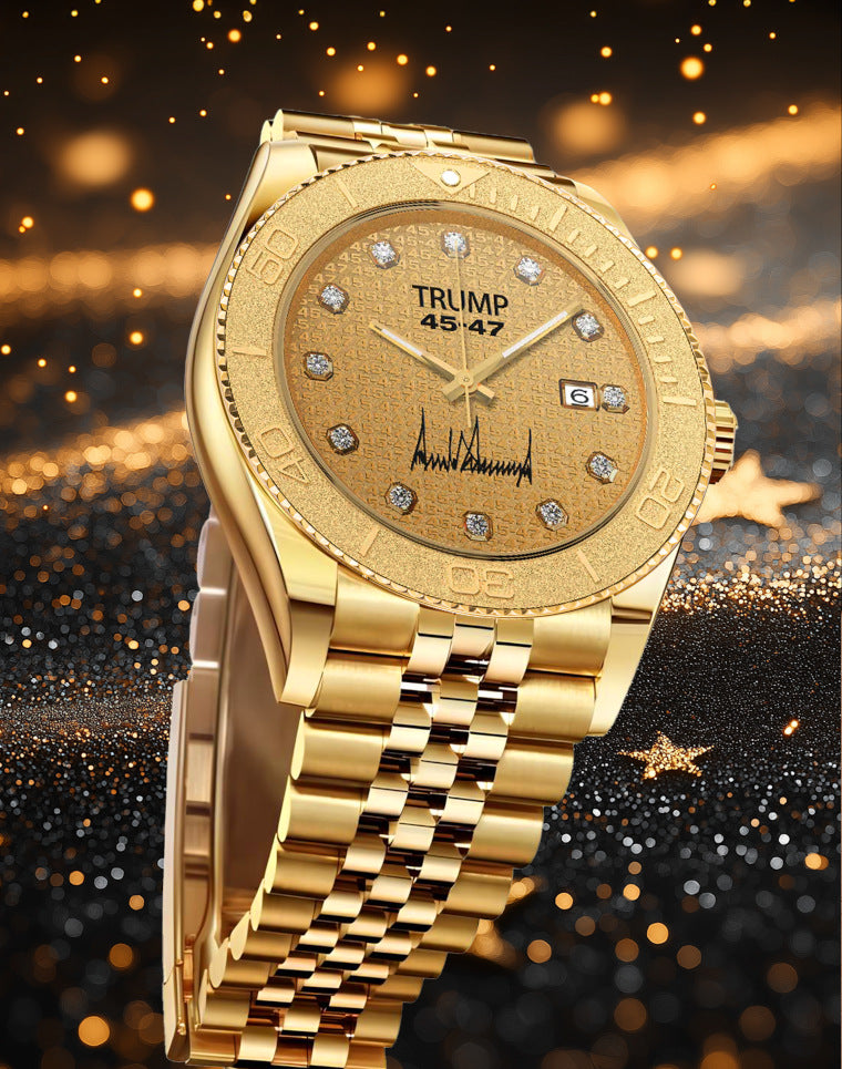 Gold Trump wristwatch with diamond hour markers, signature, and metallic bracelet on starry background.