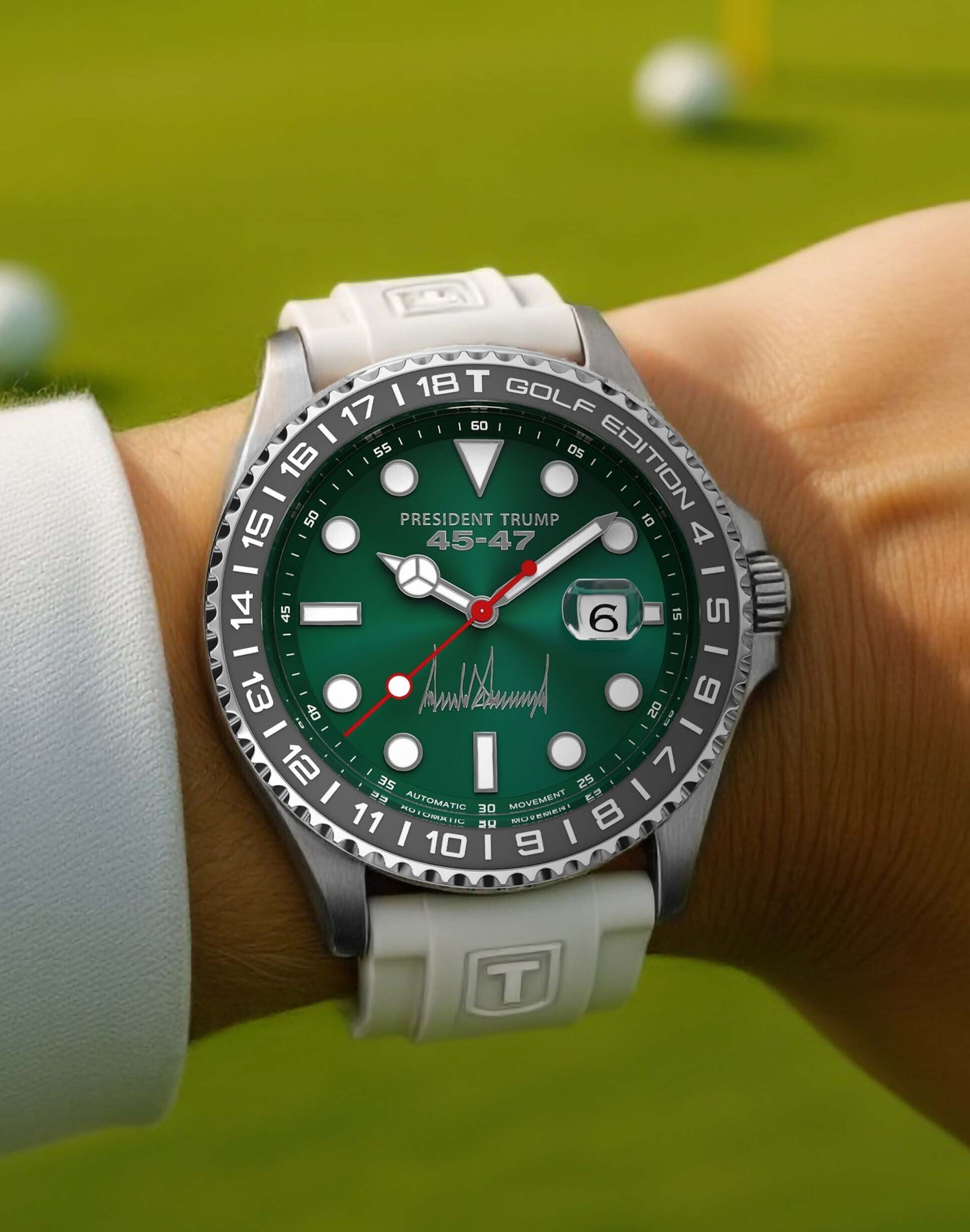 Green dial golf edition watch with "President Trump 45-47" text and white strap on wrist.