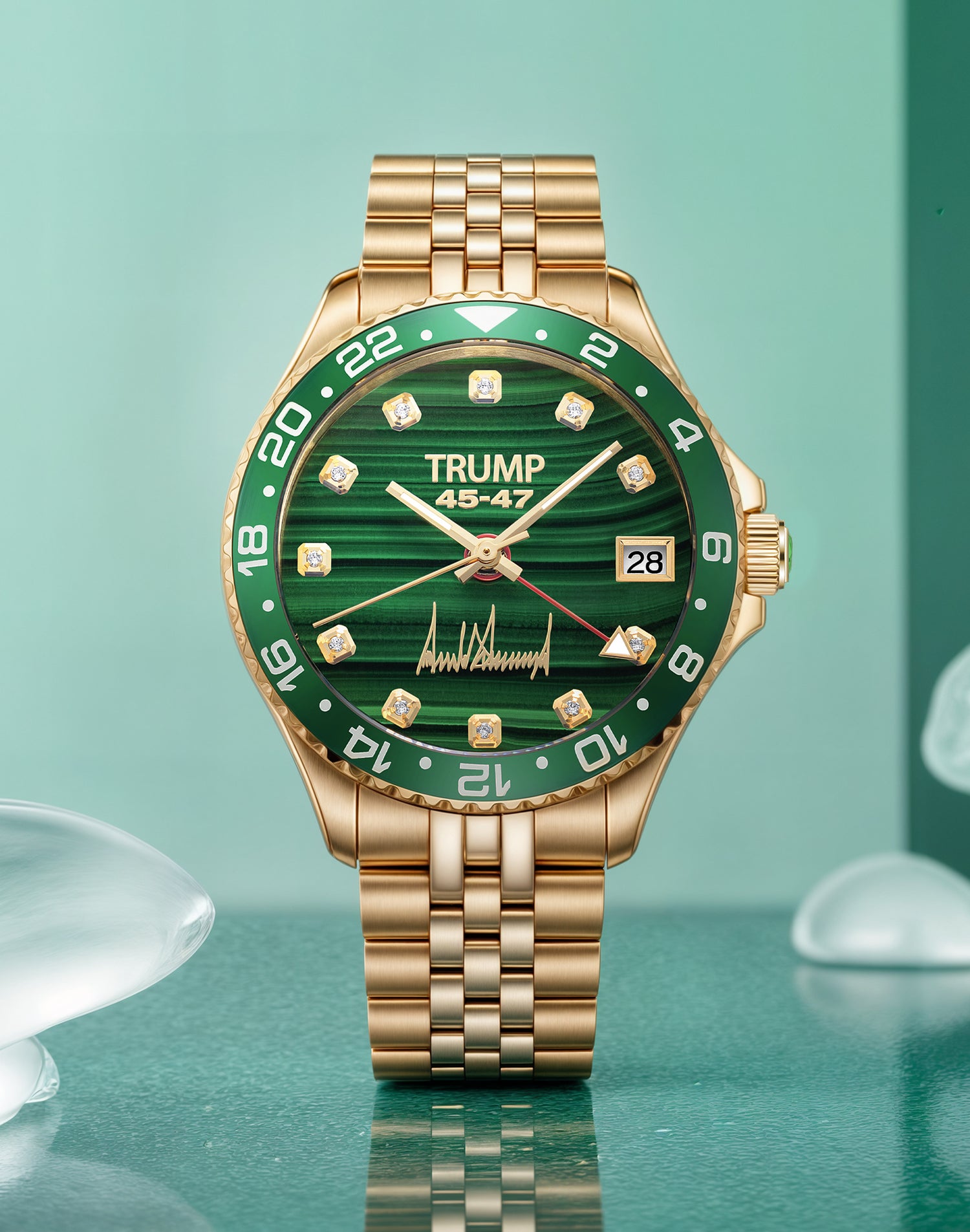 Gold wristwatch with green dial, diamond markers, and "TRUMP 45-47" branding on face.