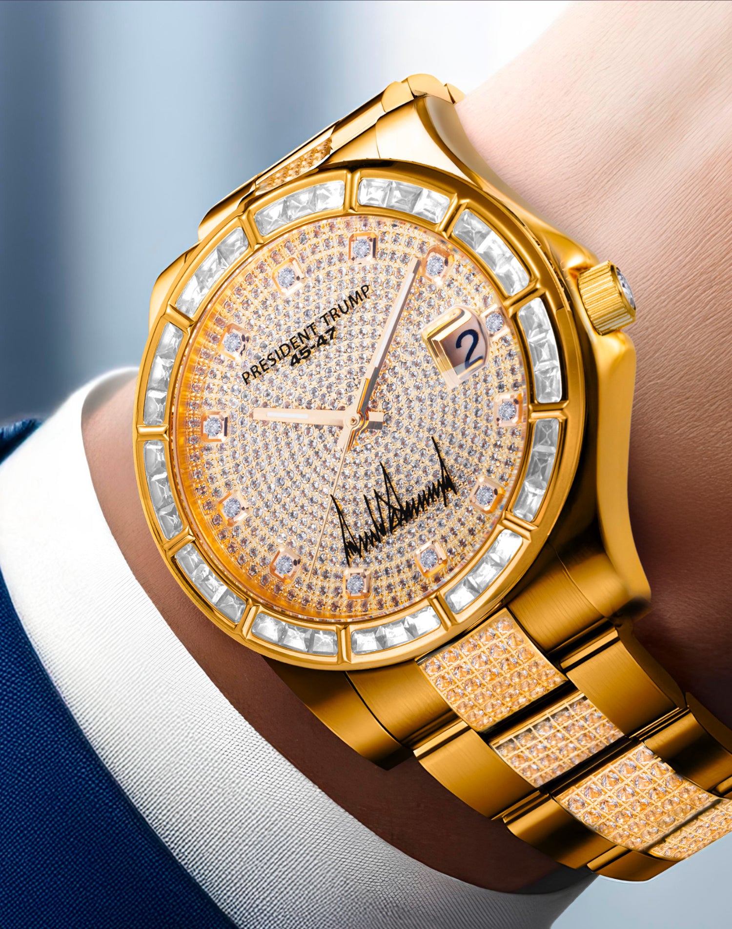 Gold luxury wristwatch with diamond-encrusted face, date display, and presidential branding.
