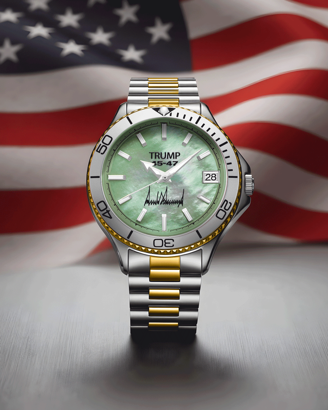 Gold and silver Trump 15-47 wristwatch with green face and signature, U.S. flag background