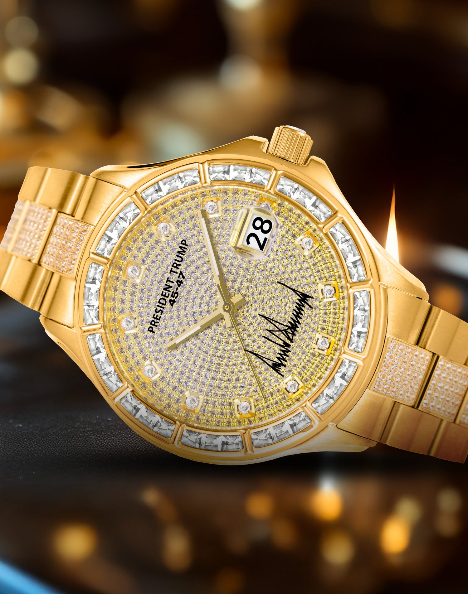 Gold luxury watch with diamond-studded face, date display, and "President Trump" inscription.