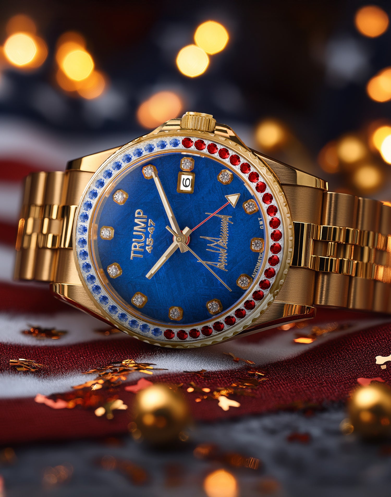 Gold wristwatch with blue dial, jeweled bezel, and "TRUMP 45-47" on face over American flag.