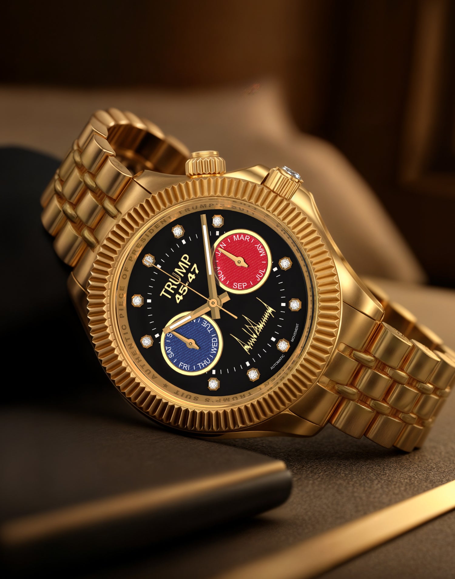 Gold luxury wristwatch with black dial, diamond markers, and red-blue subdials reading "TRUMP 45-47"