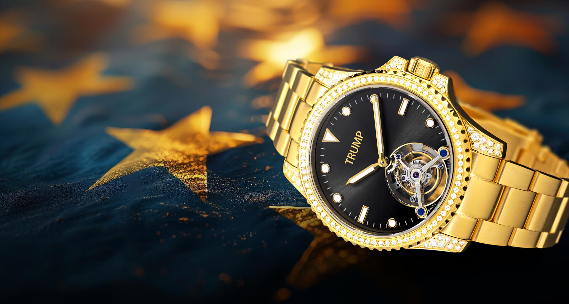 Gold Trump wristwatch with black dial and diamond bezel on star-patterned fabric background.