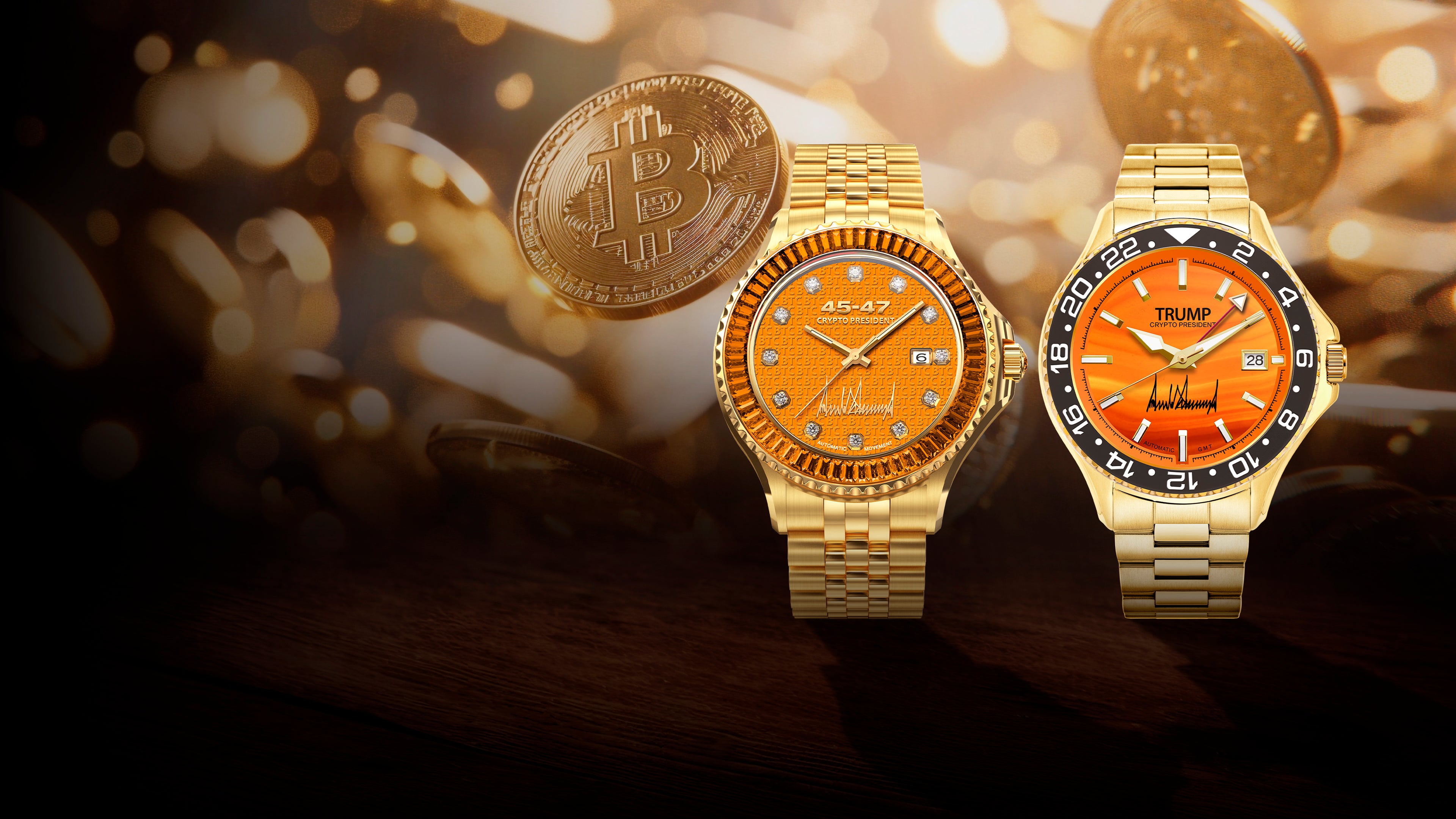 Two gold wristwatches with orange dials and crypto-themed branding on a Bitcoin background.
