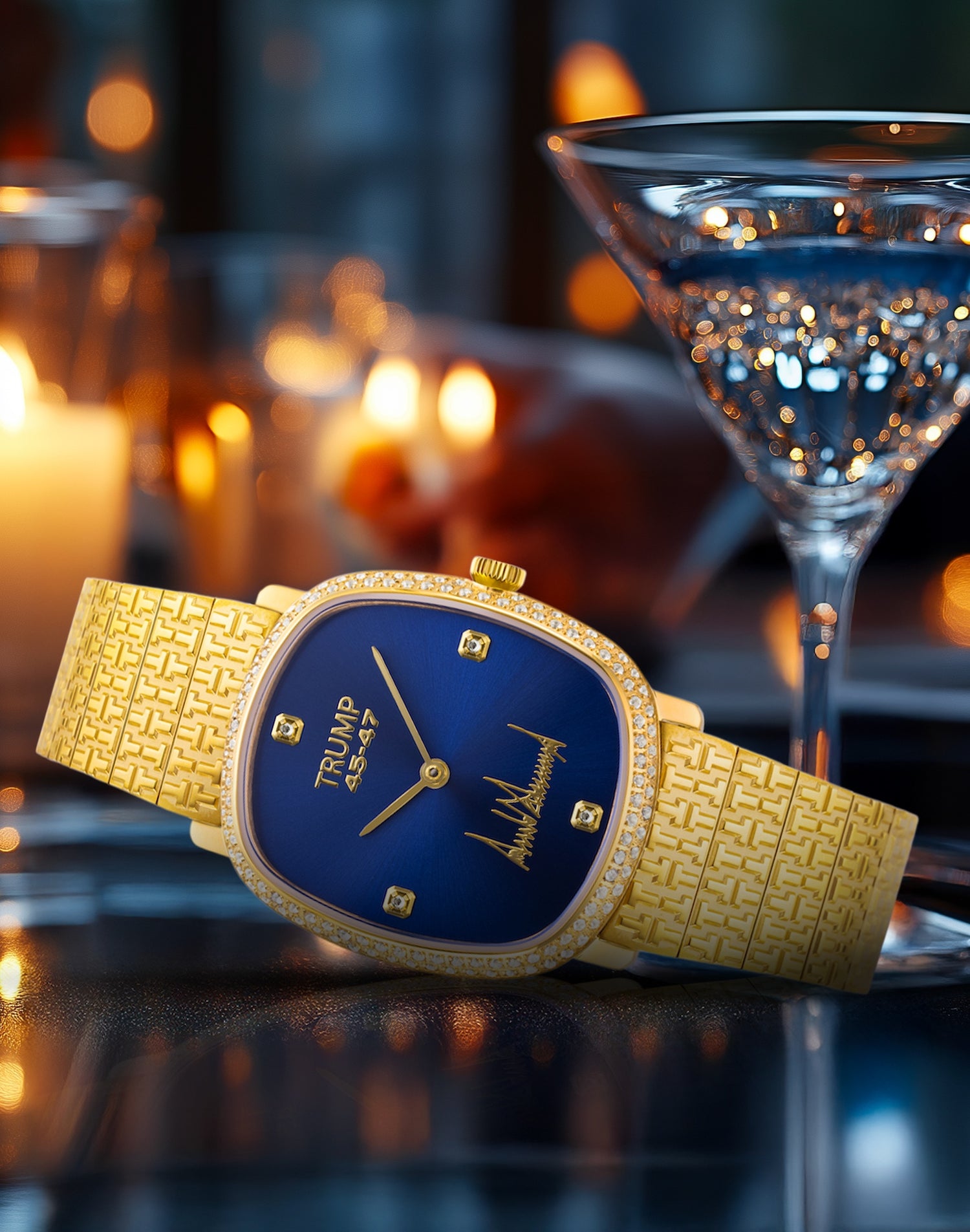 Gold Trump wristwatch with blue dial and diamond accents, displayed beside a martini glass.