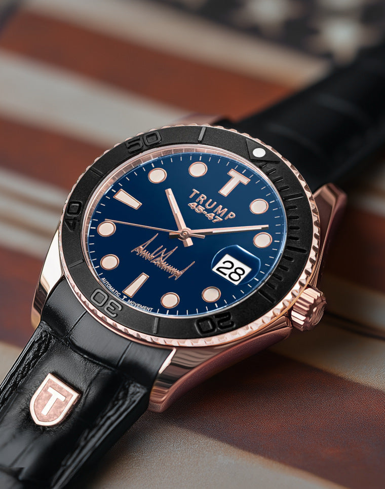Luxury Trump 45/47 wristwatch with blue dial, black strap, and rose gold accents on flag backdrop.