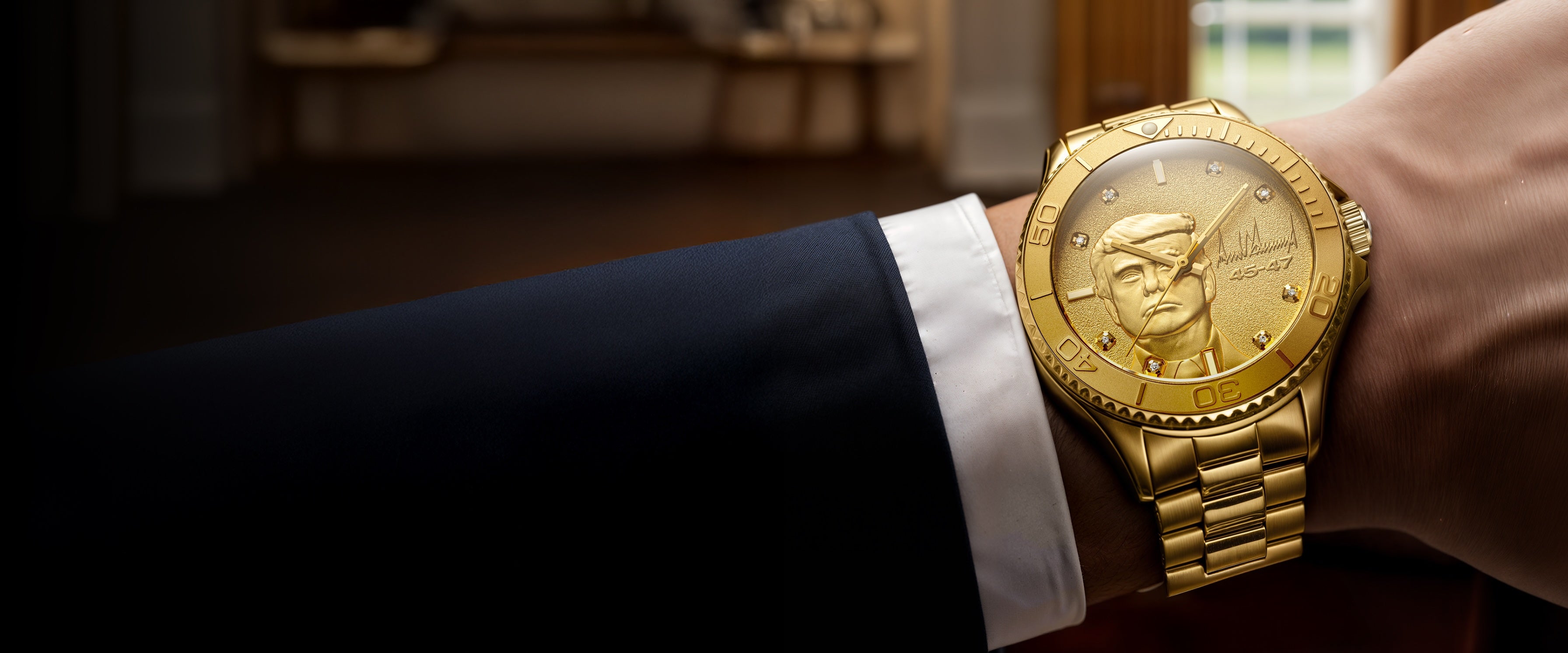 Gold wristwatch with engraved face design, diamond markers, and 45-47 inscription.