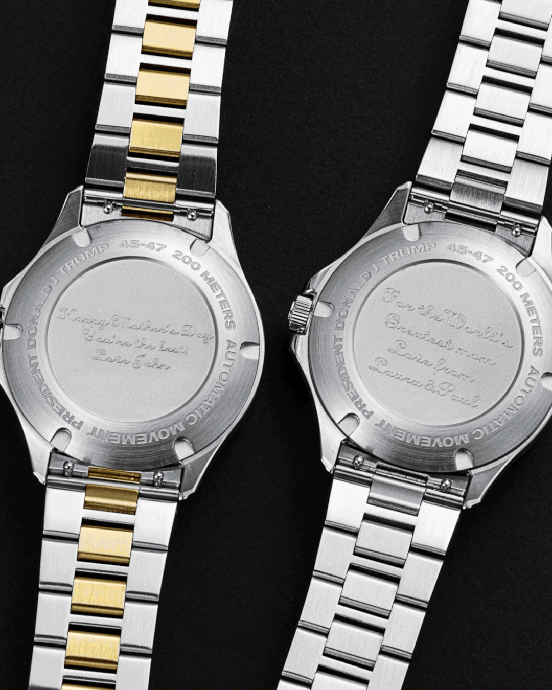 Back view of two engraved Trump watches with metal bands, one silver and one two-tone gold.