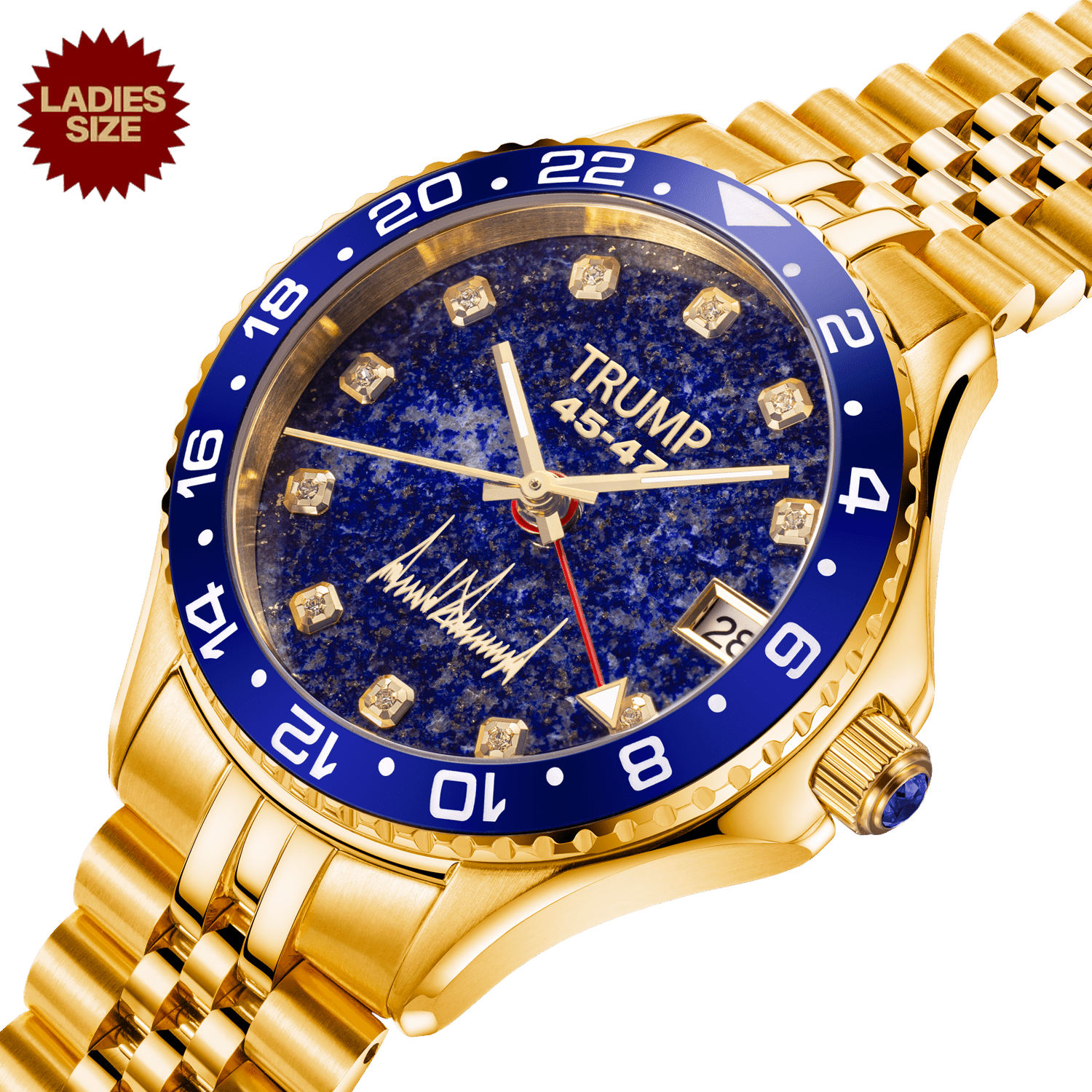 Gold ladies wristwatch with blue bezel, diamond markers, lapis dial, and Trump 45-47 branding.