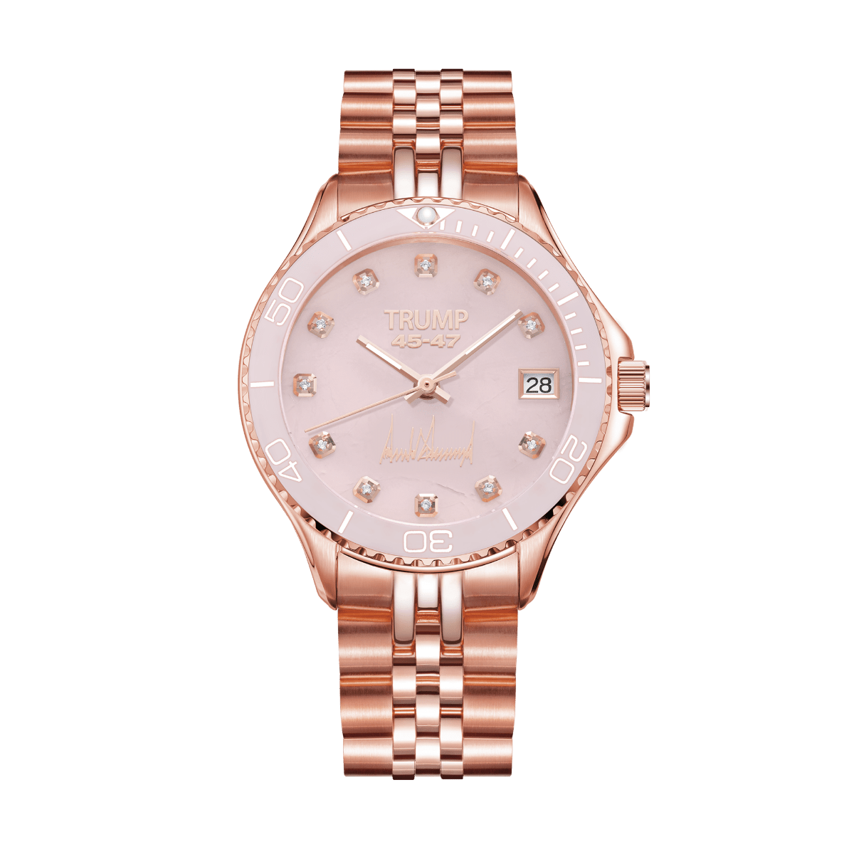 Rose gold wristwatch with diamond hour markers, date display, and Trump branding on dial.