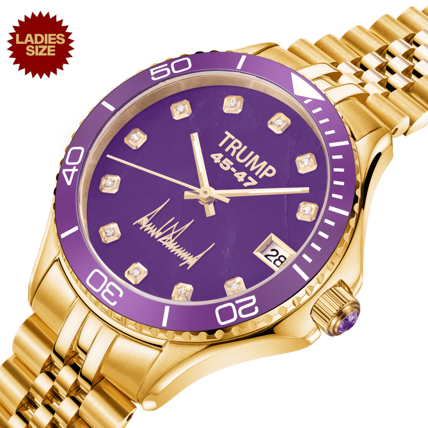 Gold ladies wristwatch with purple face, diamond markers, Trump branding, and date display.