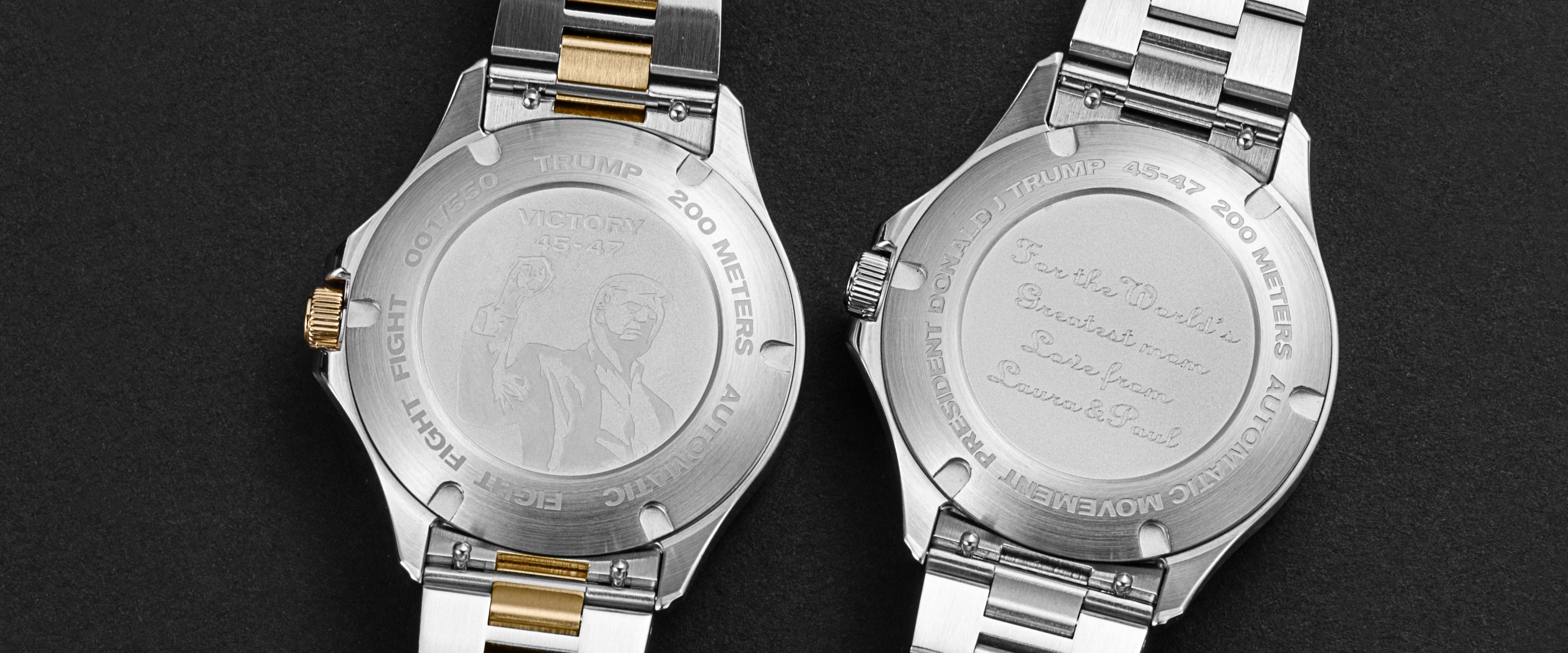 Back view of two engraved stainless steel wristwatches with Trump-themed inscriptions.