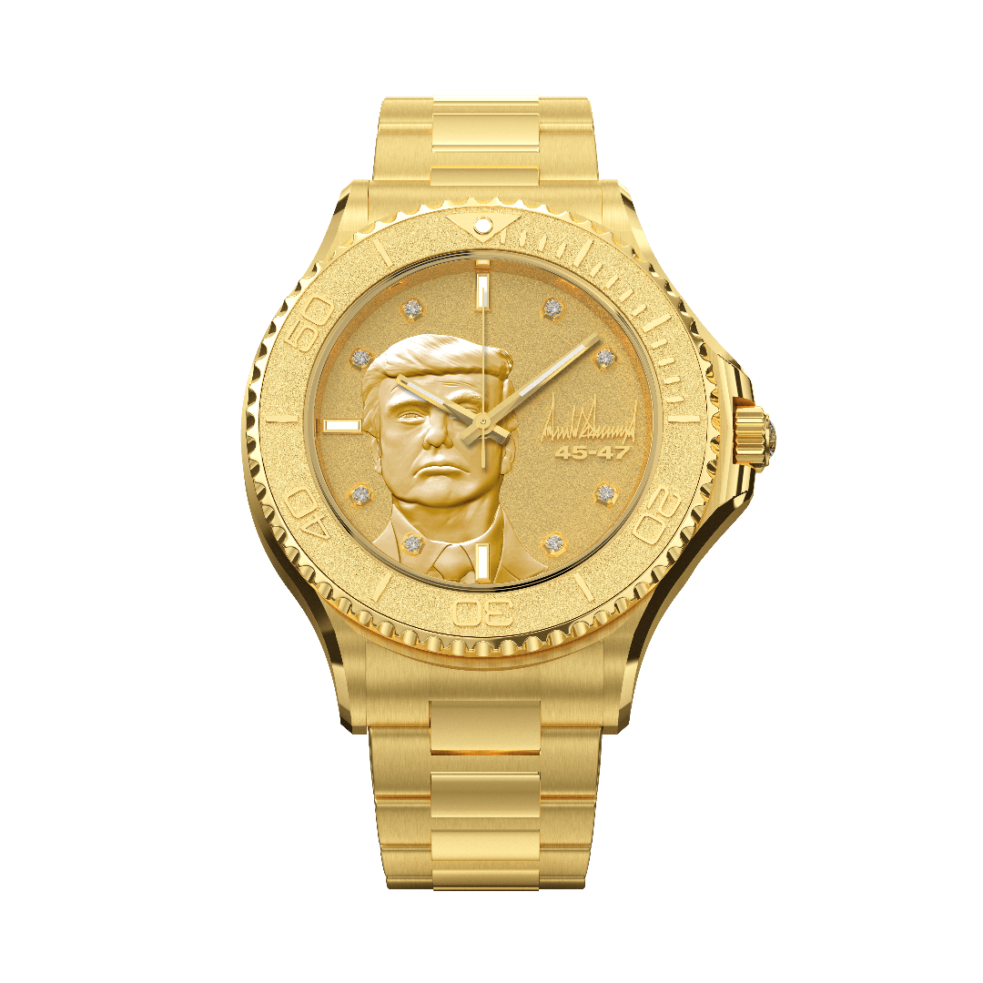 Gold wristwatch with engraved male face on dial, diamond hour markers, and metal link band.
