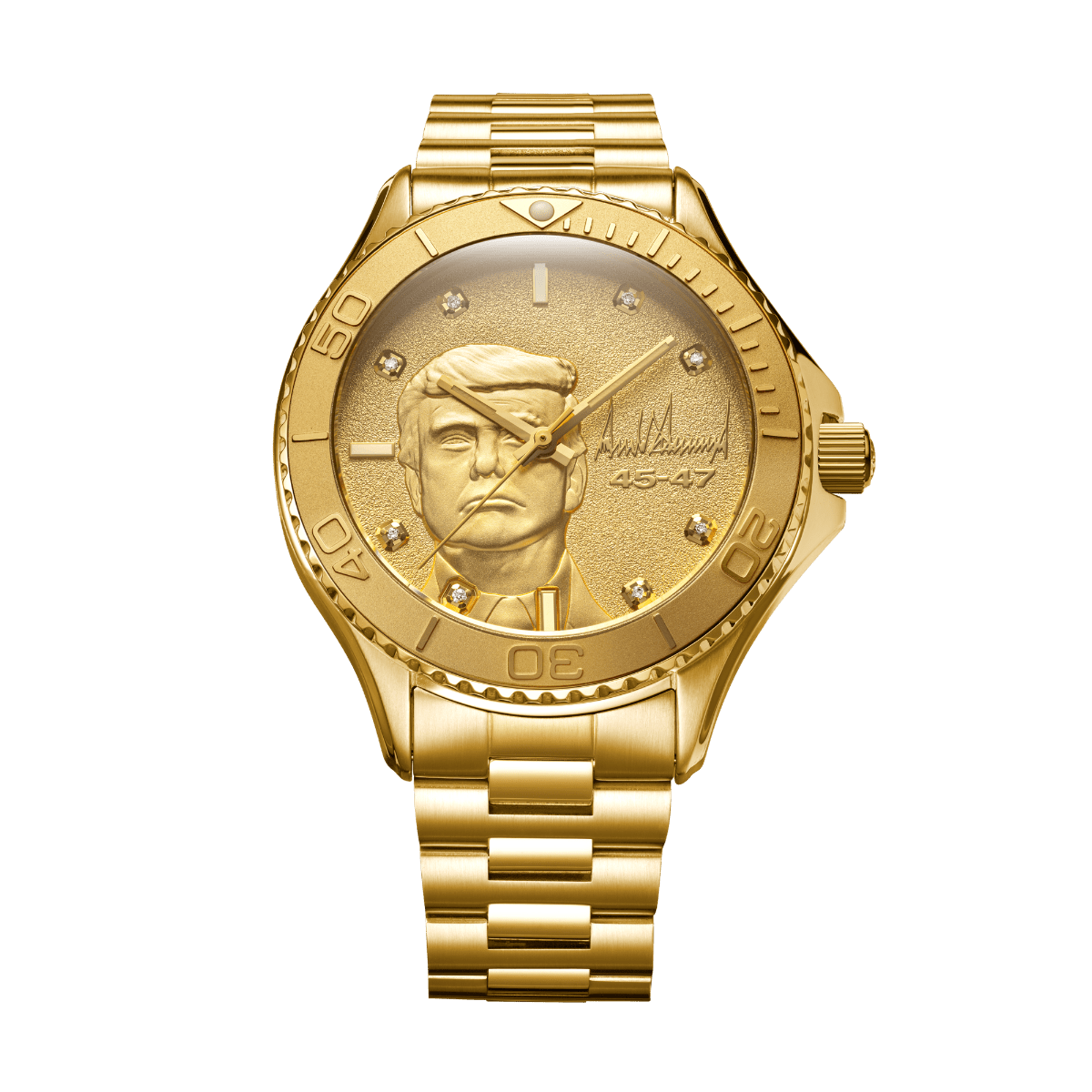 Gold wristwatch with engraved male face, diamond hour markers, and metal link band.