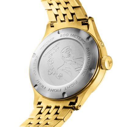 Gold watch with engraved details on a white background