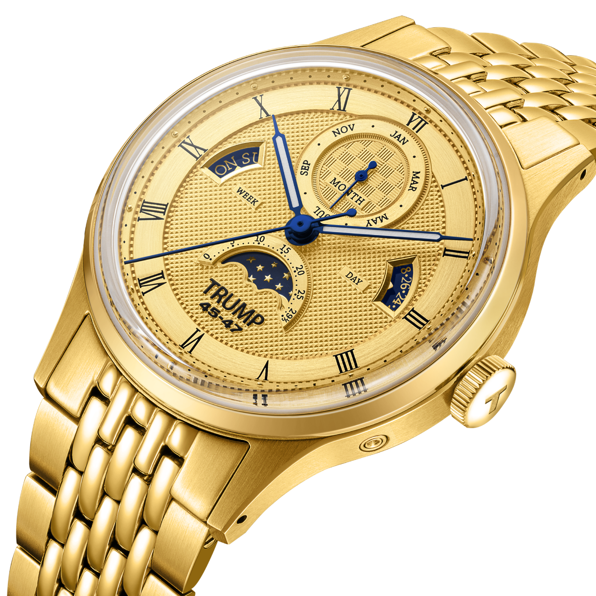 Gold wristwatch with detailed face on a white background
