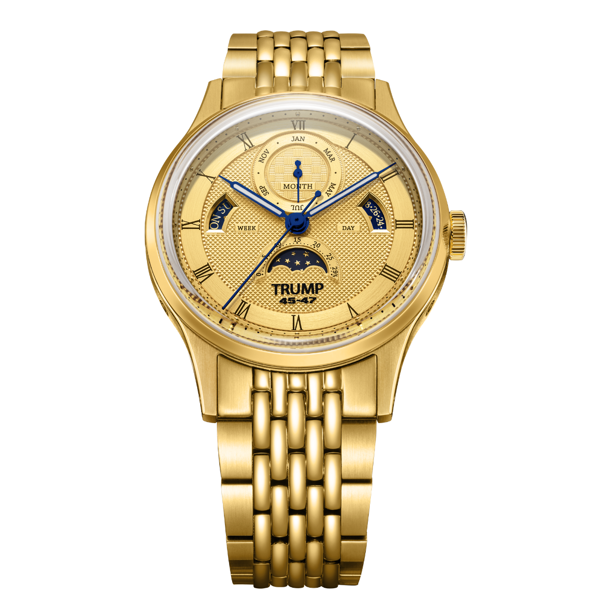 Gold wristwatch with detailed face on a white background