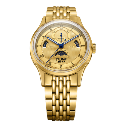 Gold wristwatch with detailed face on a white background