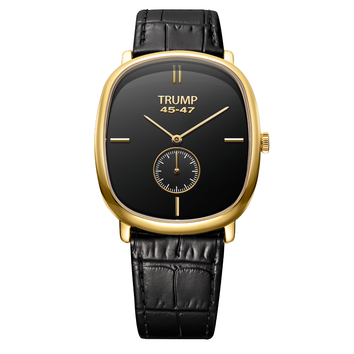 Trump watch with a black dial, gold-tone case, and black leather strap on a white background.