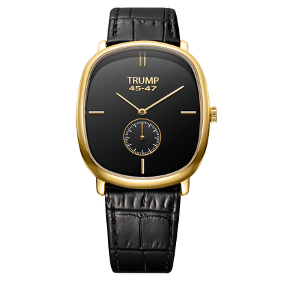 Trump watch with a black dial, gold-tone case, and black leather strap on a white background.